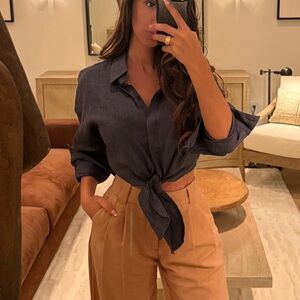 STAUD Women's Charcoal Button-Down Lisa Linen Shirt - Chambray😍